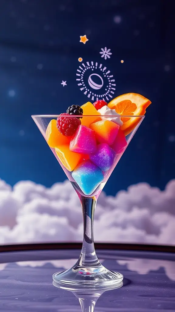 A vibrant dessert with colorful gel cubes and sugar glass, served in a cocktail glass, evoking a Star Wars-inspired theme.