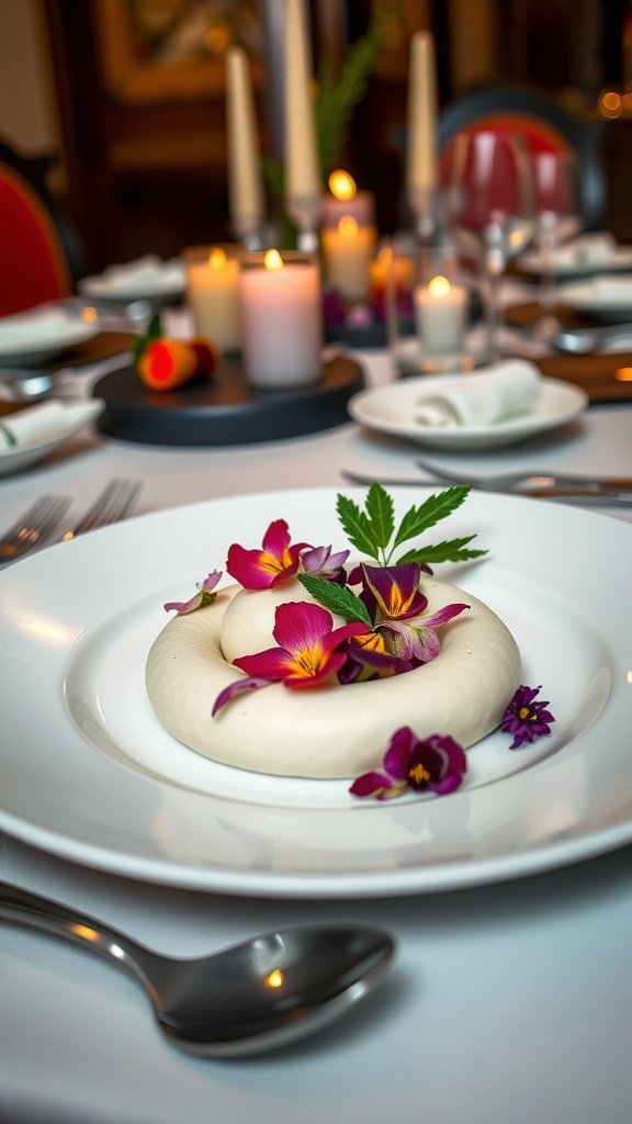 A plate of Silken Firepetal Cream adorned with edible flowers and mint leaves, served elegantly.
