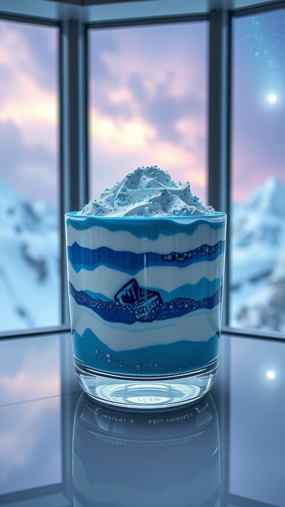 A vibrant dessert featuring blue and white layers, resembling a trifle.