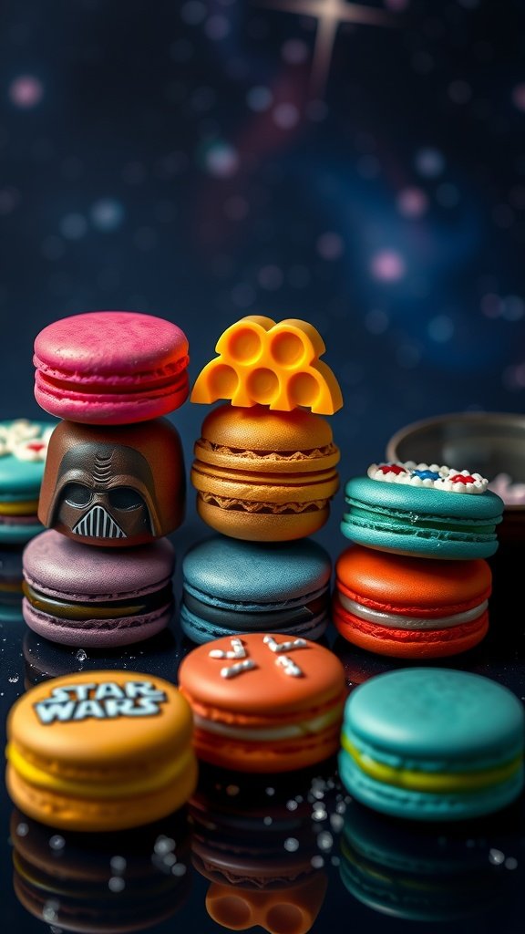 Colorful macarons inspired by Star Wars, featuring various designs and flavors.