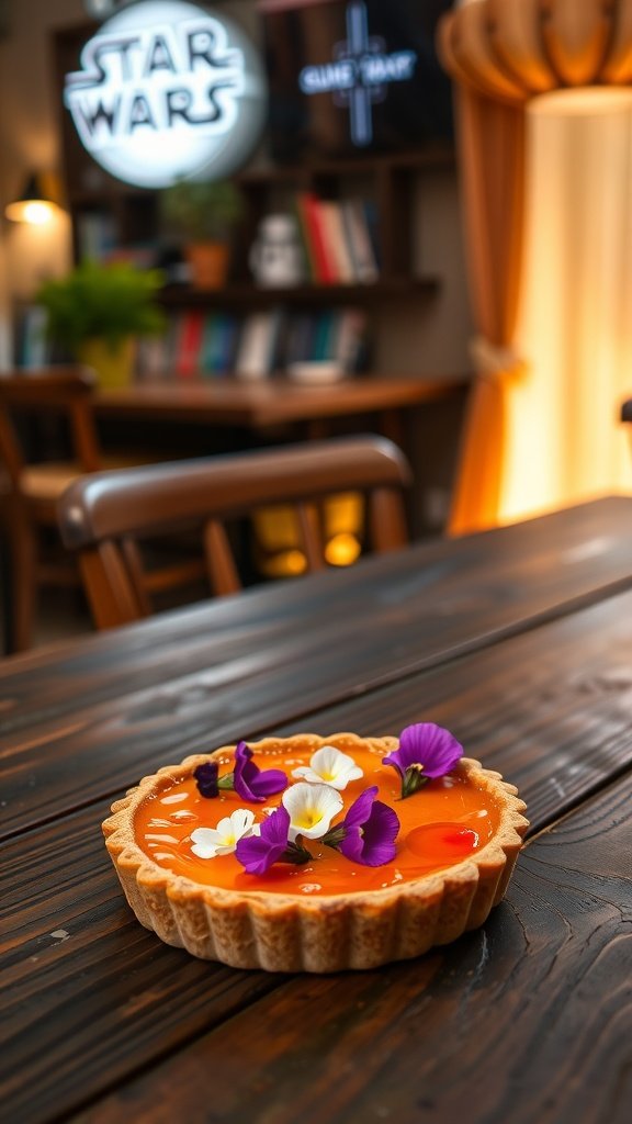 Meiloorun Blossom Tart with edible flowers on top