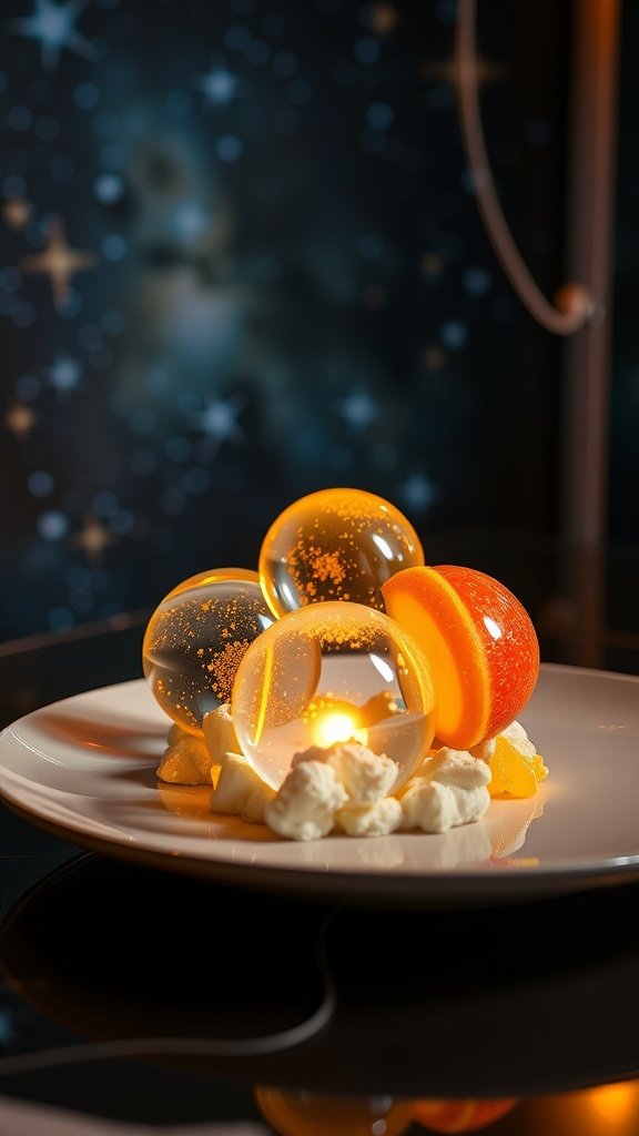 A plate featuring colorful, spherical citrus desserts artfully arranged with whipped cream and fruit.