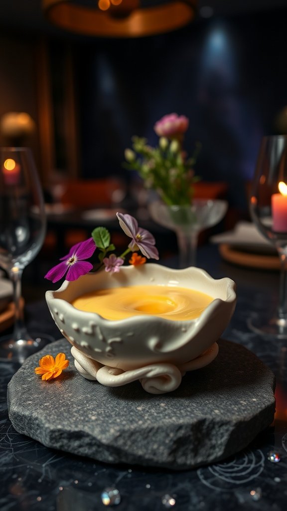 Krayt Eggshell Custard dessert presented in an elegant bowl with flowers.