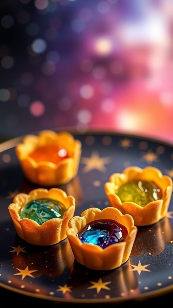 Colorful tartlets with jelly filling resembling jewels, placed on a starry plate.