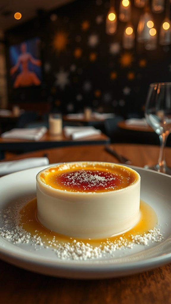 Nerf Milk Brûlée dessert on a plate with a caramelized top and star dust sugar.