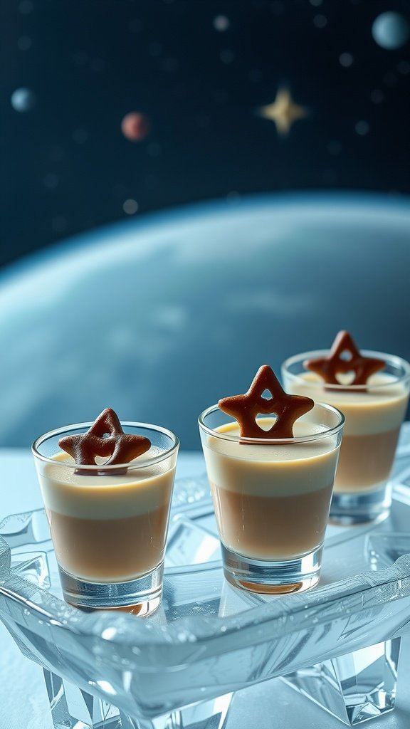 Chin-Bretzel Pudding Shots with star-shaped chocolate toppings
