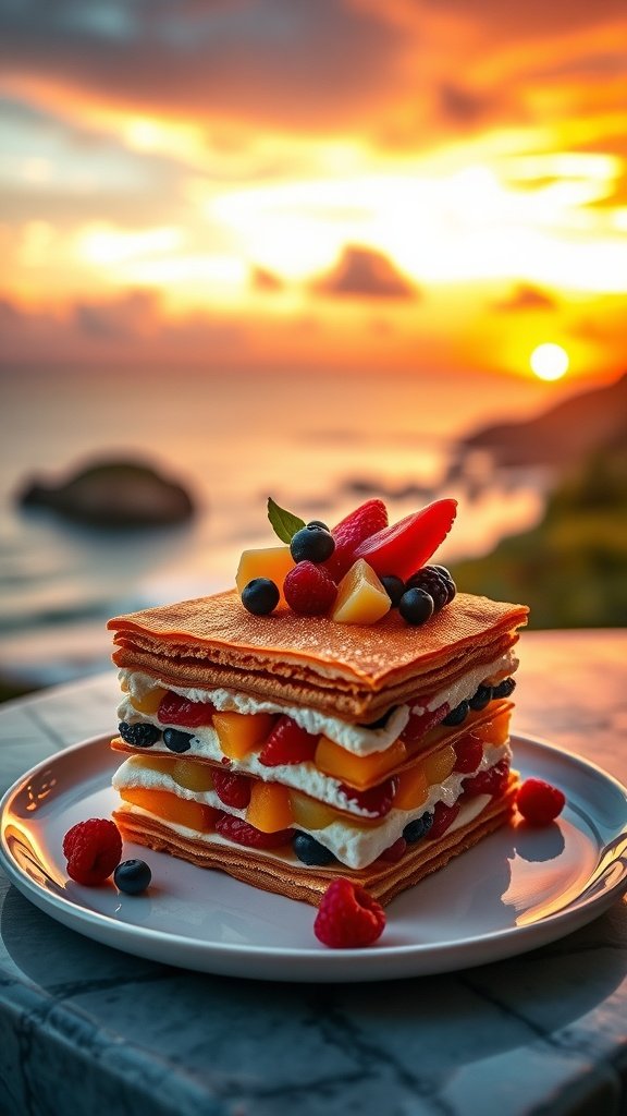 A colorful Scarif Sunset Mille-Feuille dessert with layers of fruit and cream, set against a scenic sunset backdrop.