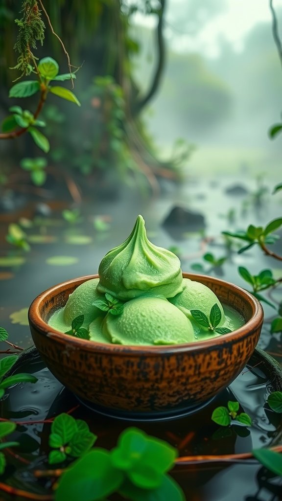 A bowl of green mint gelato surrounded by lush green foliage.