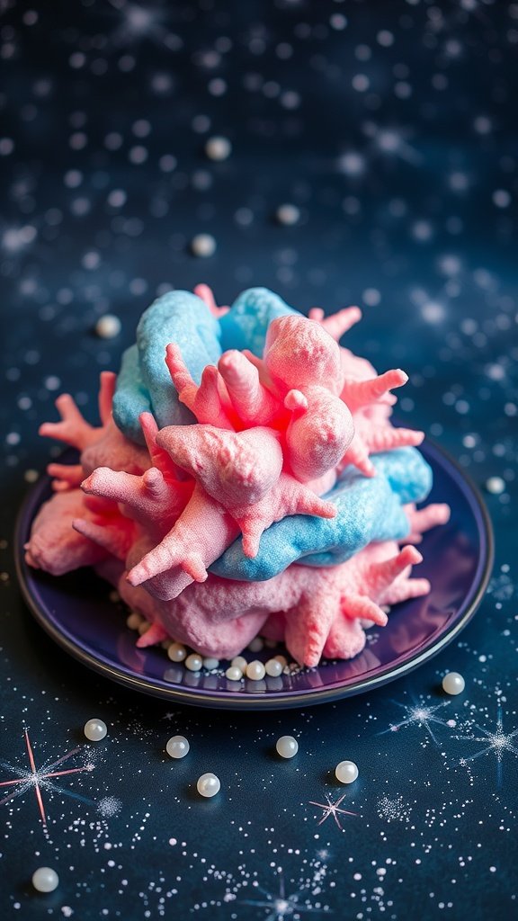 A vibrant coral candy floss dessert inspired by ocean life, featuring fluffy strands in blue and pink, set on a decorative plate with edible pearls.