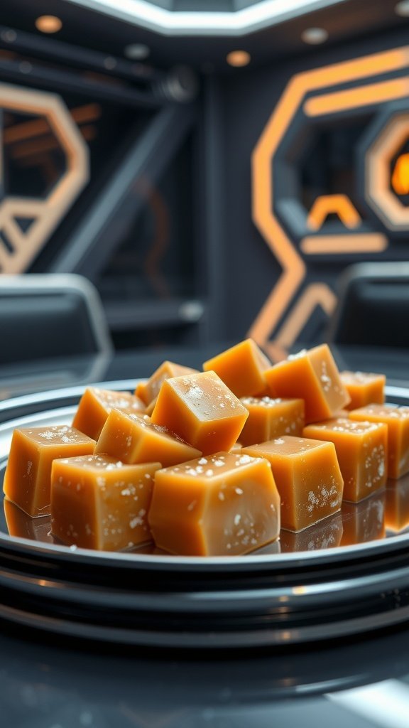 Crait Salted Caramel Cubes arranged on a plate, showcasing their glossy finish and salt topping.