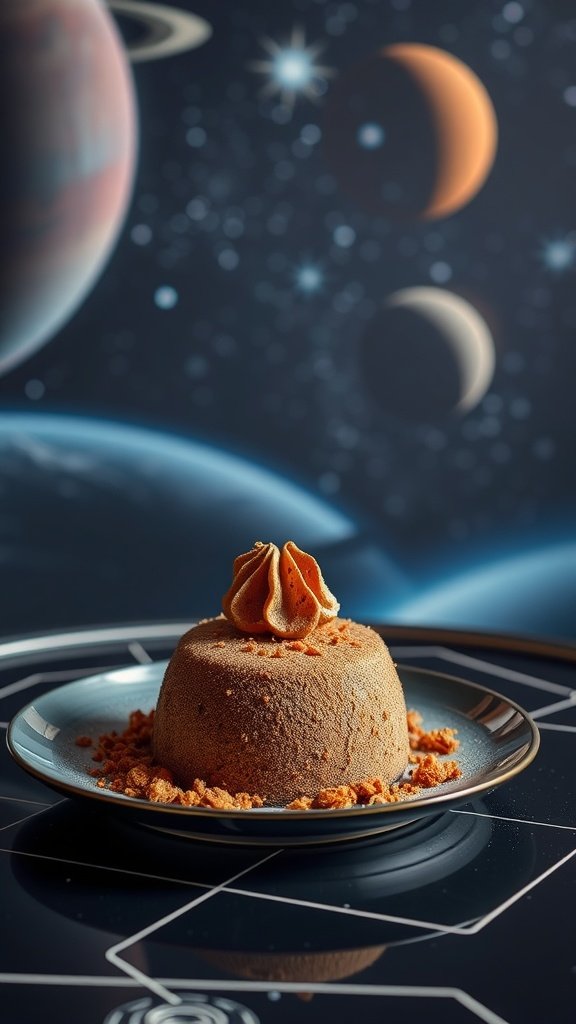 Geonosis Dust Cake with bronze crumble presented on a plate, inspired by Star Wars