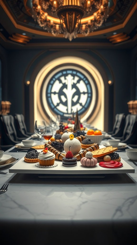 A luxurious dessert platter inspired by Star Wars, featuring a variety of intricate desserts.