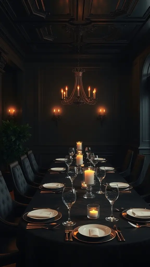 A dimly lit dining room with a long table set for dinner, featuring candles and elegant tableware.