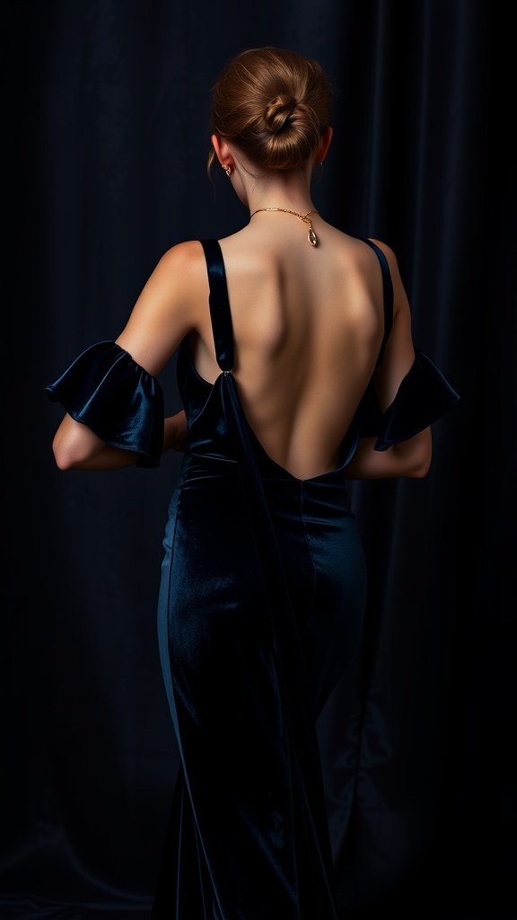 A woman in a deep velvet cocktail dress with an elegant back design, highlighting a vintage style.