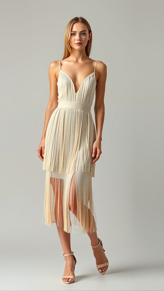 A model wearing a fringed cocktail dress with pearl necklaces, embodying the style of the Roaring 20s.