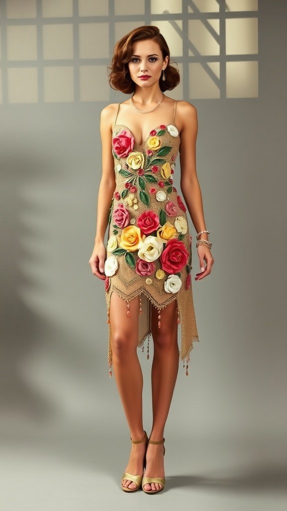 A woman in a floral-embroidered cocktail dress with a low back, dancing gracefully.