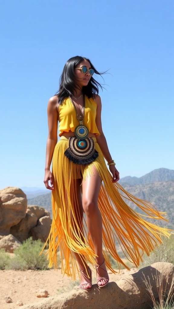 A vibrant yellow fringe skirt with intricate beadwork.