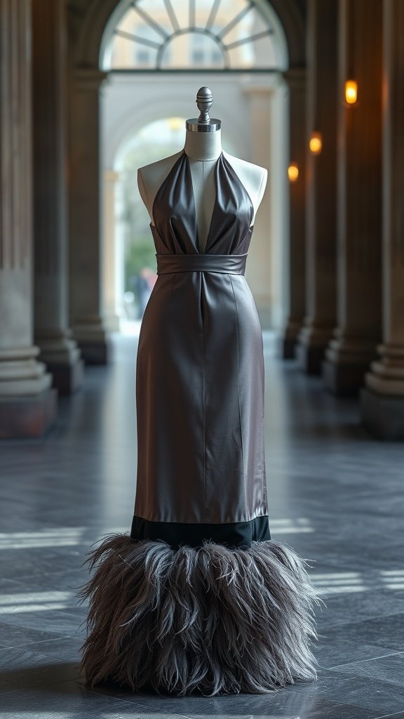 A stylish satin cocktail dress with a halter neckline and a fur trim at the bottom, displayed in a grand hallway.