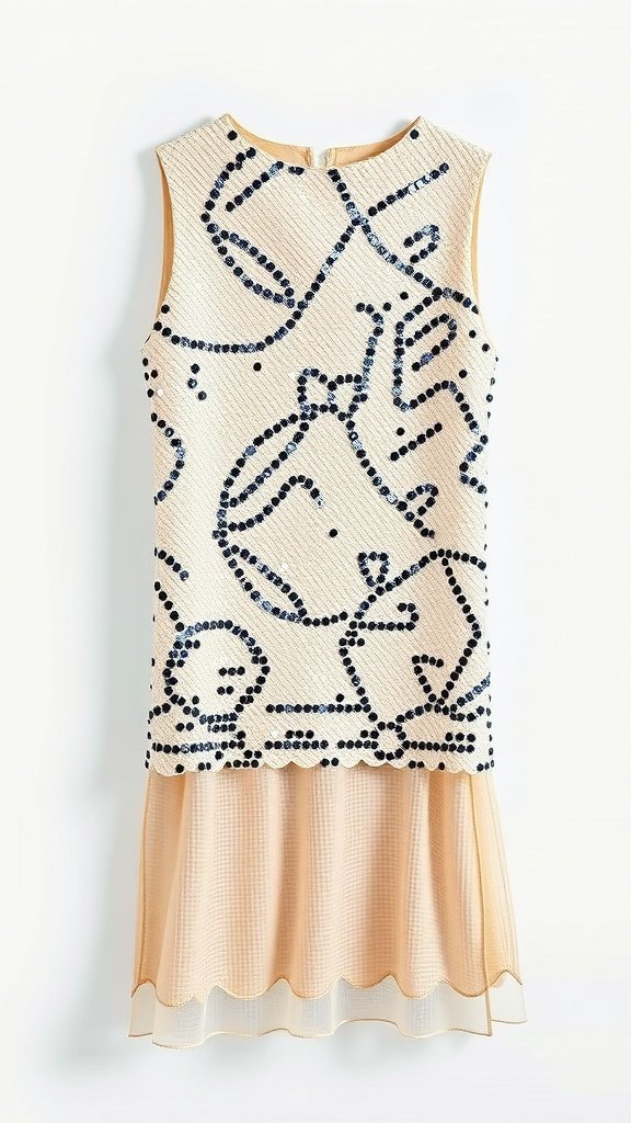 Cocktail dress inspired by the Roaring 20s with sequined design and layered skirt.