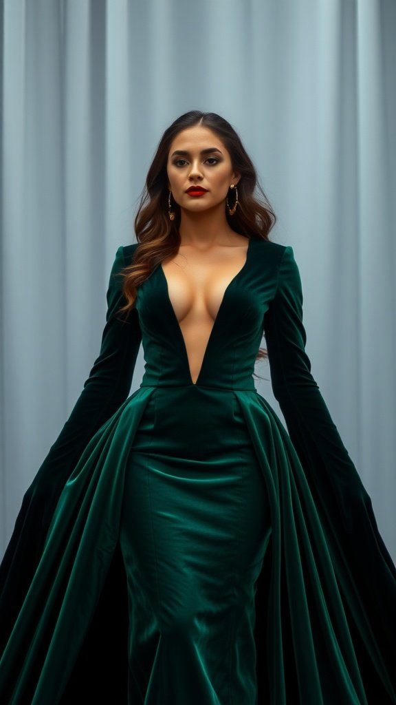 An elegant woman in a deep green velvet cocktail dress with dramatic sleeves and a deep neckline.