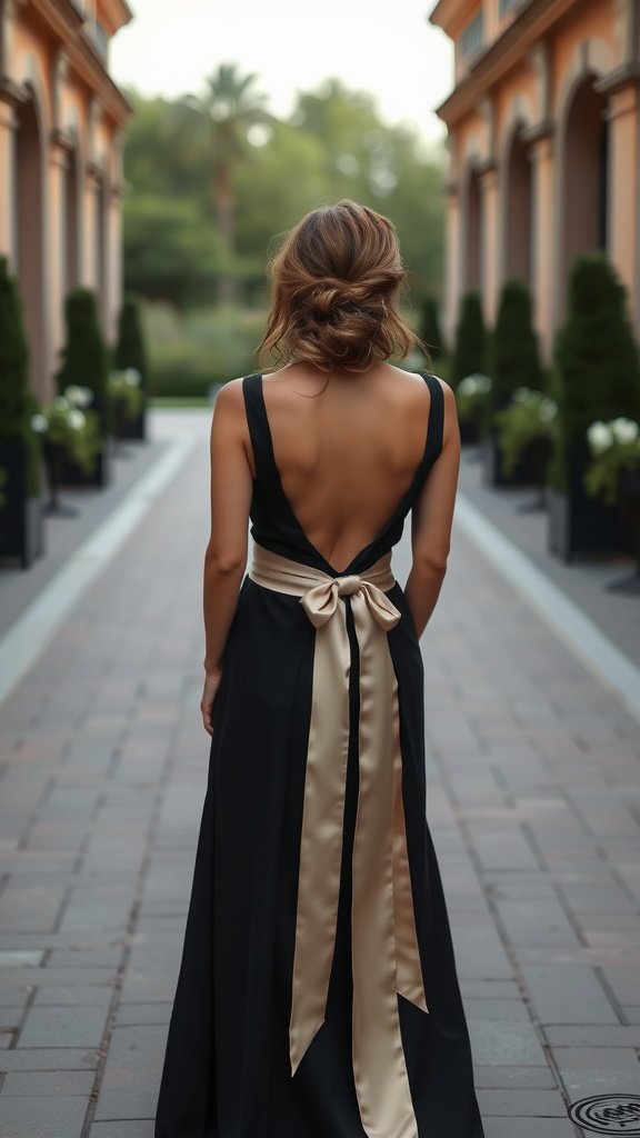 A woman wearing a black cocktail dress with a gold ribbon in a stylish outdoor setting.