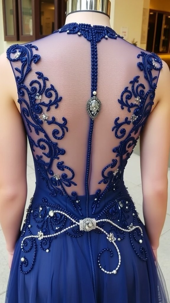 An elegant blue fabric draped with strands of pearls, evoking the glamour of the Roaring 20s.