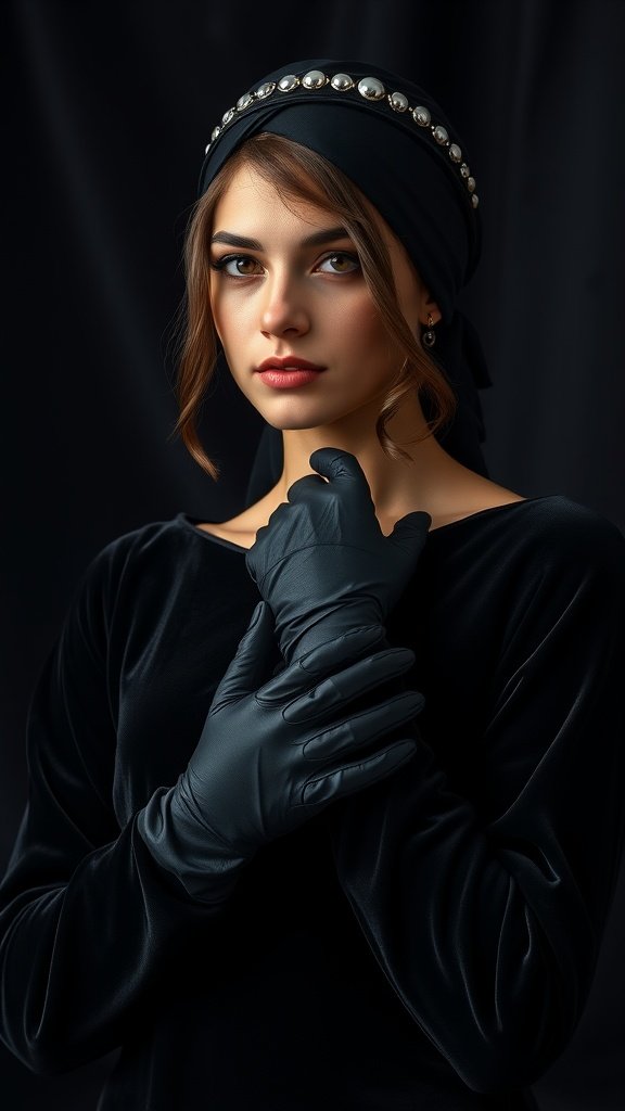 A model wearing a black dress with gloves and a pearl-studded headband, reflecting 1920s fashion.