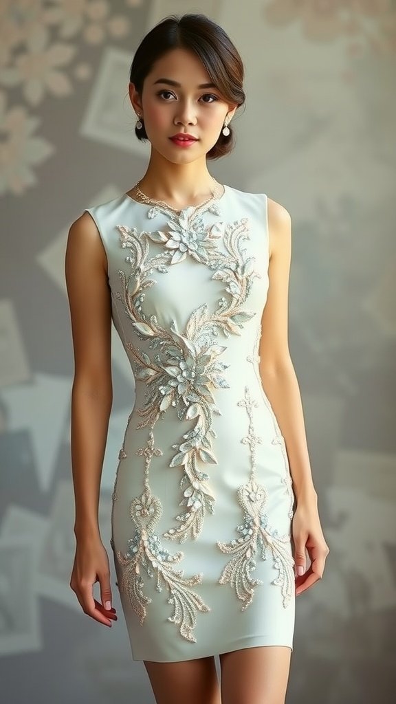 A model showcasing a stunning cocktail dress with intricate lace and beadwork, featuring a beautifully designed back.