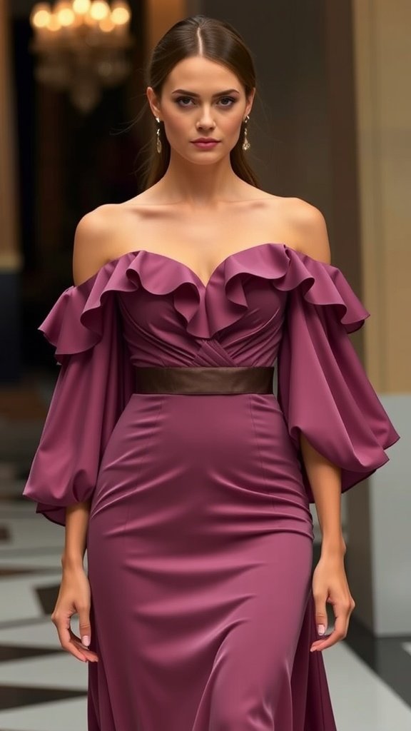 A stylish burgundy cocktail dress with ruffled sleeves, perfect for 1920s inspired events.