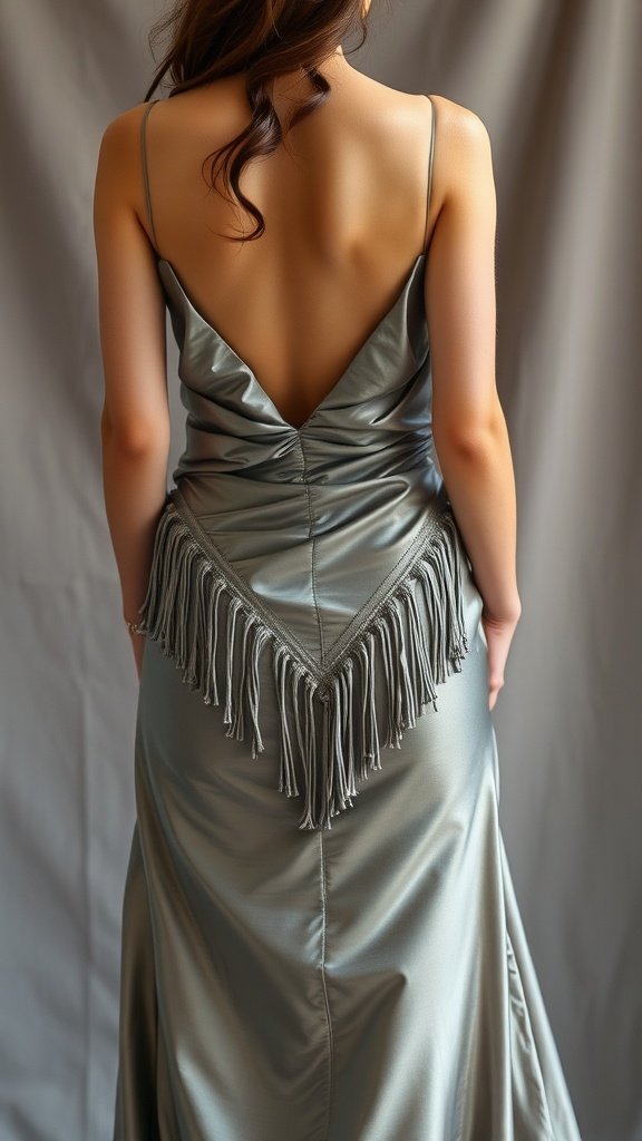 Back view of a woman wearing a smoke-colored cocktail dress with fringes