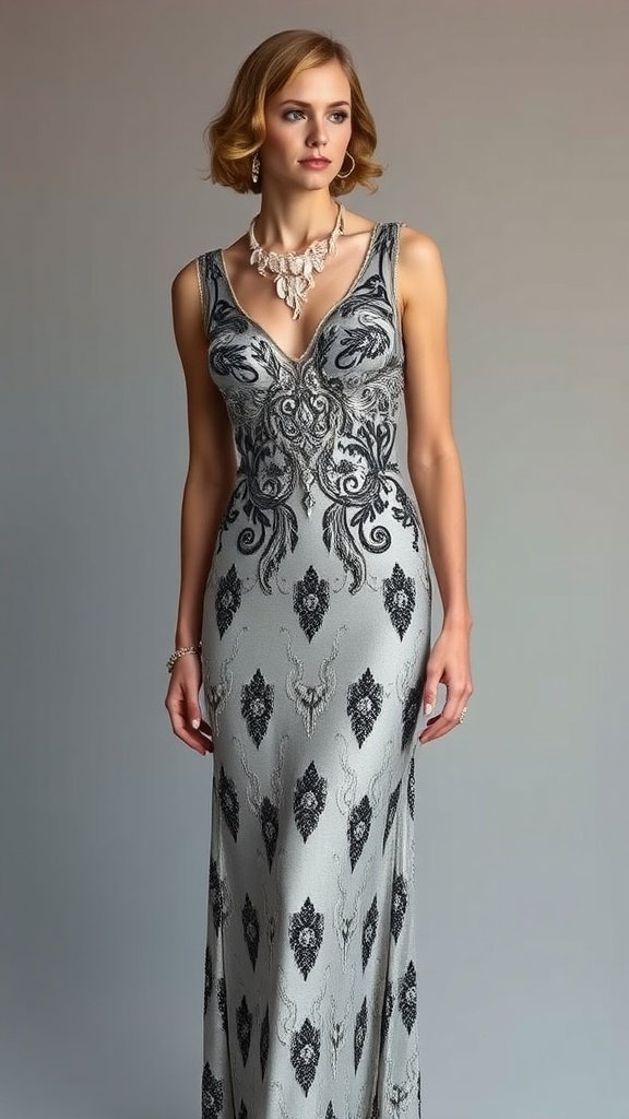A navy cocktail dress with intricate beadwork and an open back, styled for a glamorous look