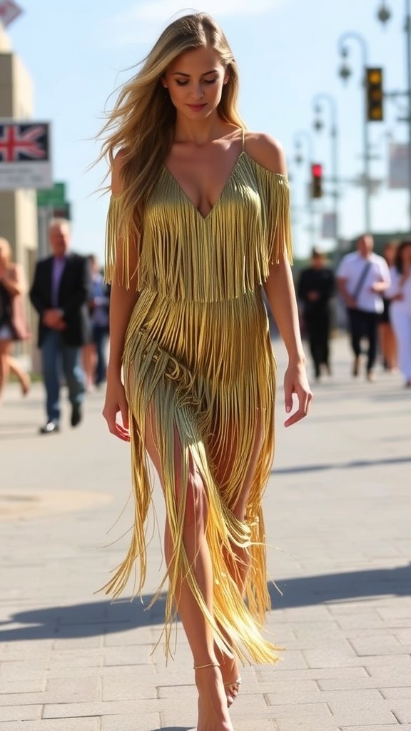 A model walking down the runway in a gold fringe cocktail dress.