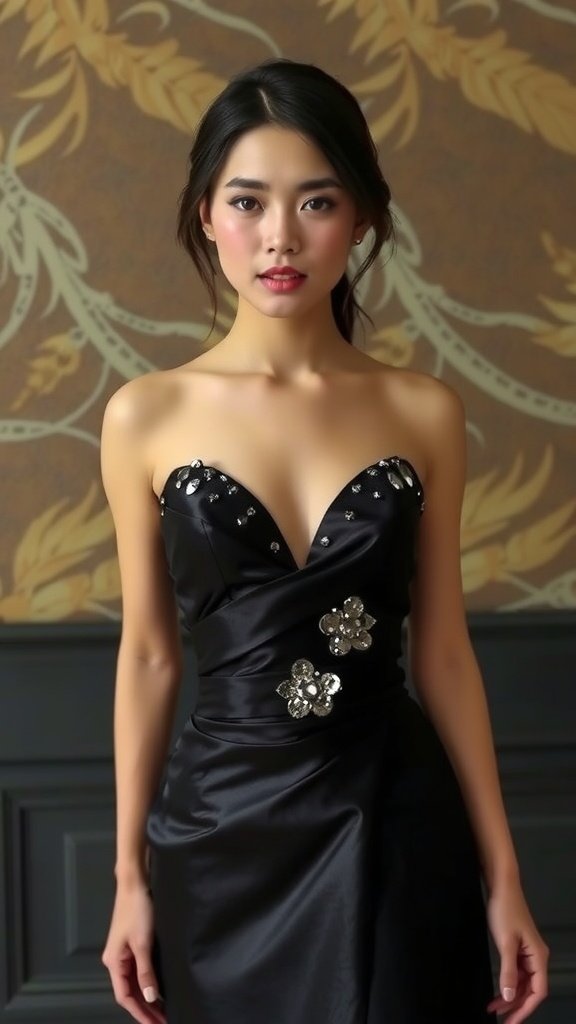 A black cocktail dress displayed on a mannequin, featuring a beaded neckline and an A-line silhouette.