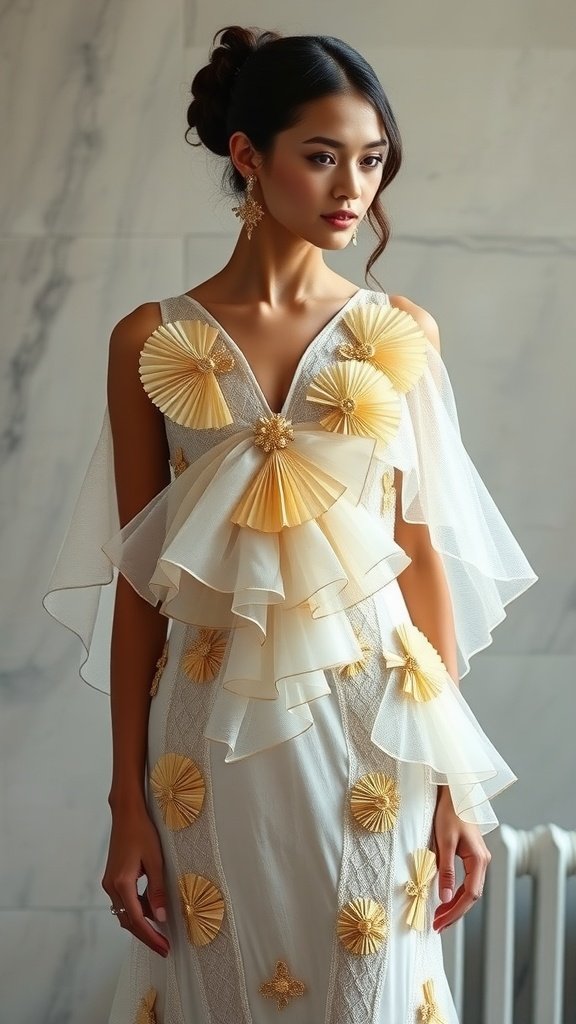 A stylish cocktail dress with golden leaf designs and a layered ruffle skirt, set against a natural background.