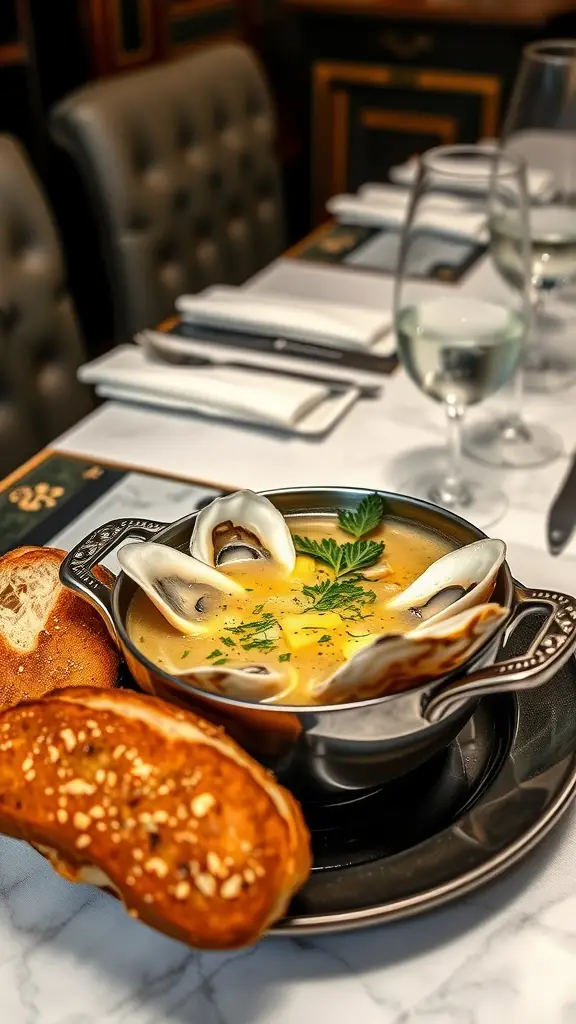 A bowl of oyster stew in a restaurant.