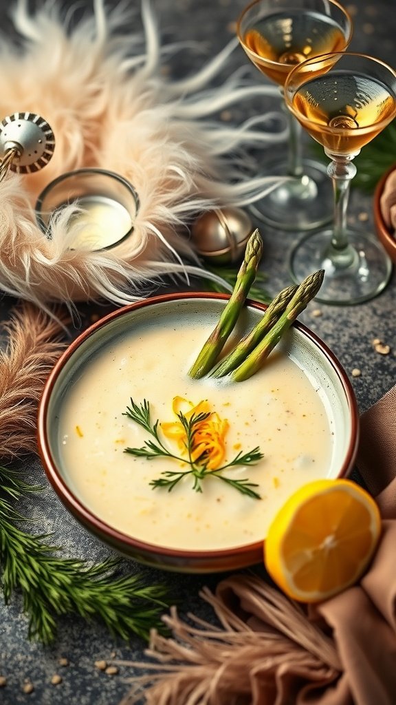 A bowl of creamy asparagus velouté garnished with lemon zest and fresh herbs.