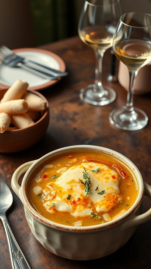 A bowl of classic French onion soup topped with melted Gruyère cheese, with a cozy restaurant setting in the background.