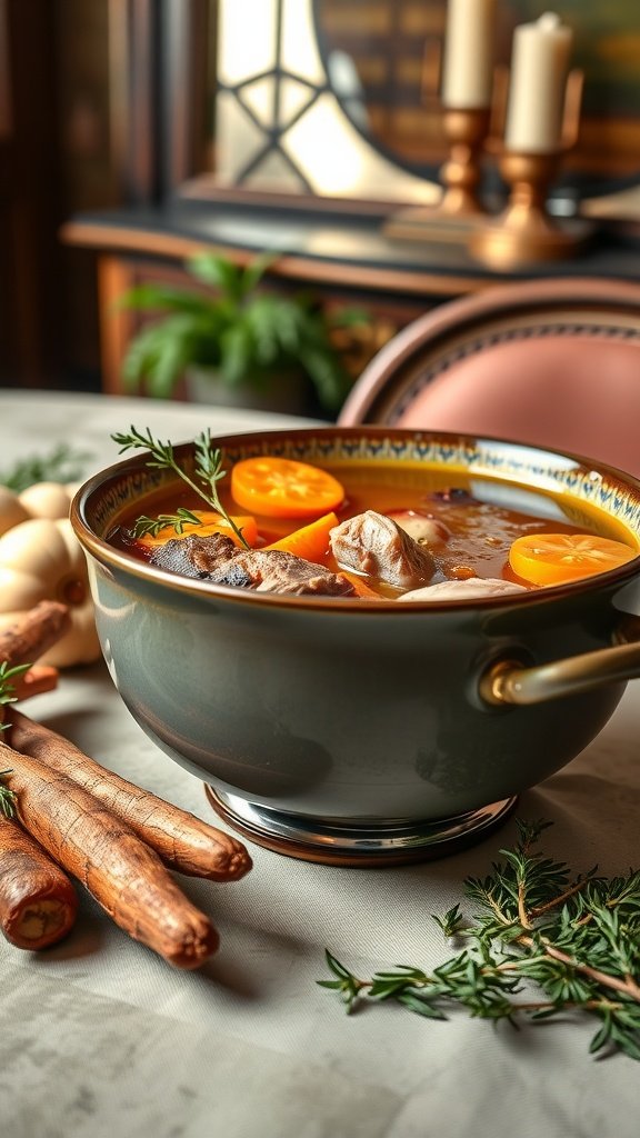 A bowl of duck consommé with root vegetables and thyme, showcasing a sophisticated and inviting soup.