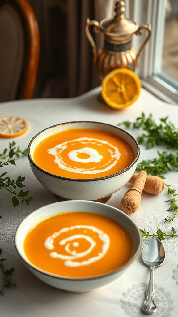 A bowl of bright orange heirloom carrot and ginger soup garnished with citrus foam, elegantly presented on a table.