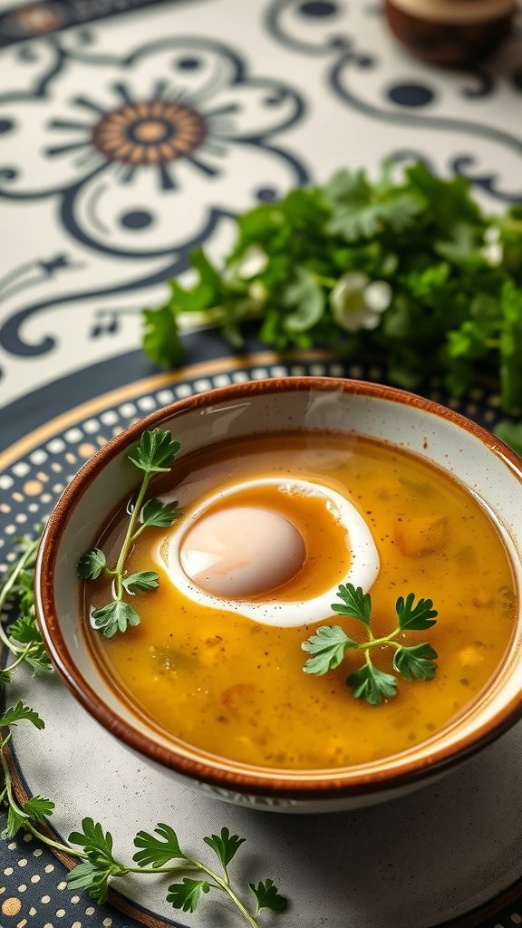 A bowl of quail broth garnished with egg drop and watercress, set against a stylish restaurant backdrop.