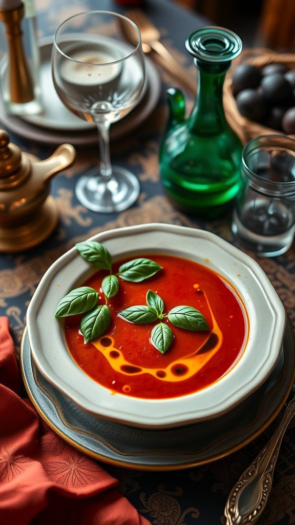 A bowl of smoked tomato soup with basil oil drizzle and fresh basil leaves, elegantly presented on a table set in a restaurant ambiance.
