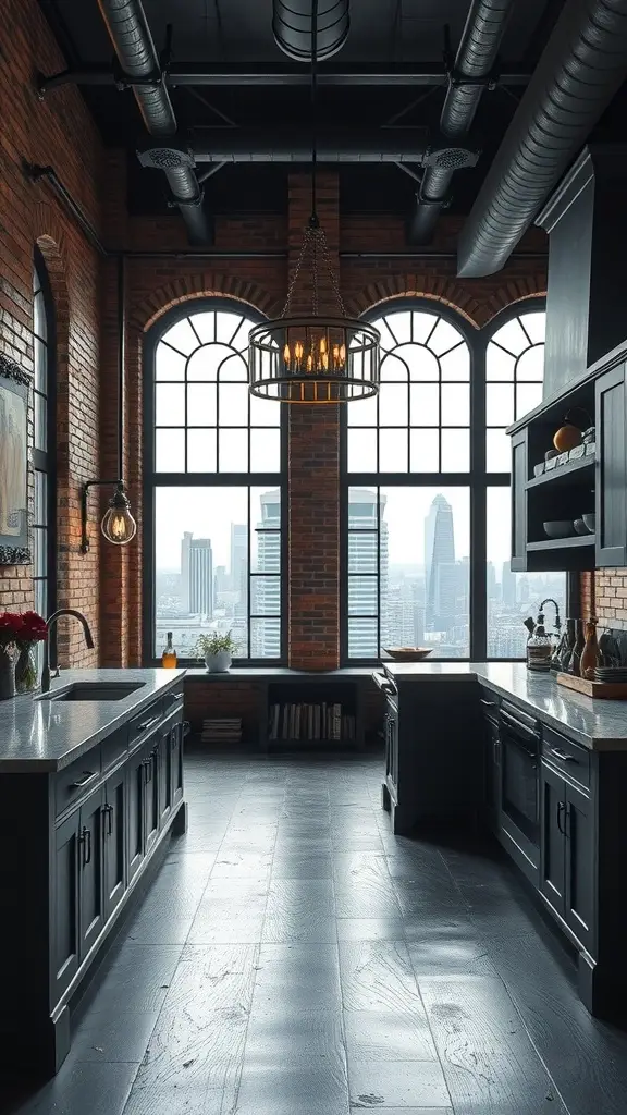 A spacious kitchen featuring exposed brick walls, large windows with city views, dark cabinetry, and stylish lighting fixtures.