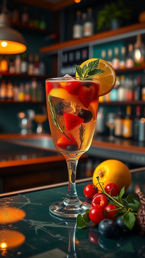 A refreshing Pimm's Cup cocktail with fruits and mint, served in a vibrant bar setting.
