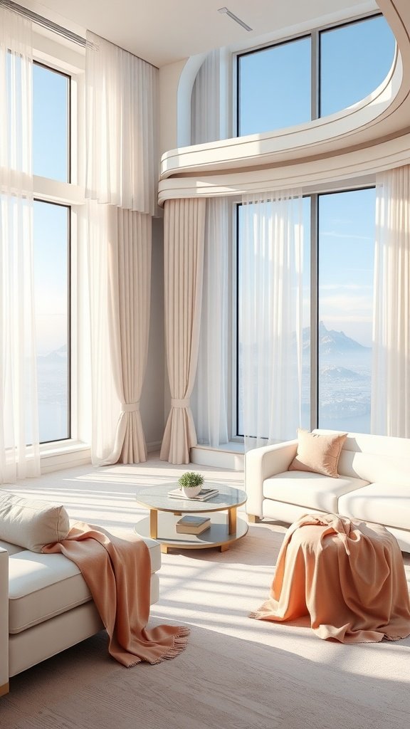 A luxurious living room inspired by Bespin, featuring large windows, plush sofas with velvet throws, and a minimalist coffee table.