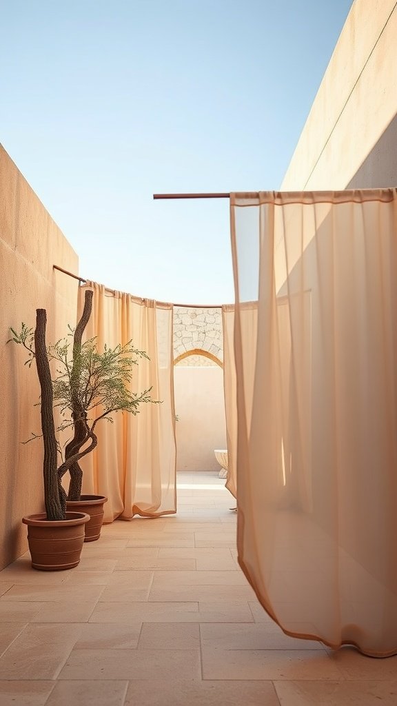 Elegant translucent drapes flow in a sunlit corridor with potted plants at the Solari Estate on Tatooine.