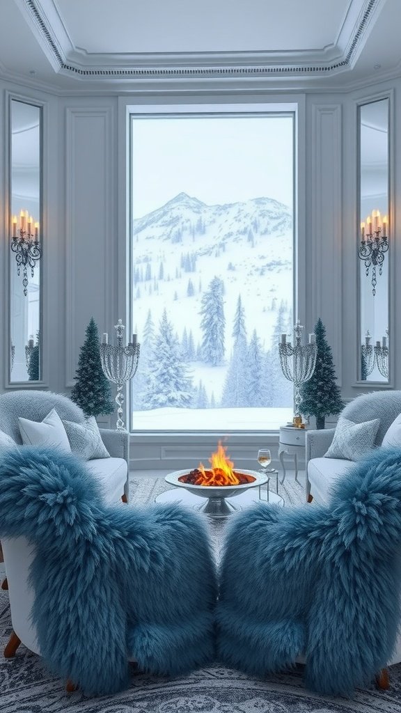 A cozy living space inspired by Whitehall Manor on Hoth, featuring blue Icecrystal Throws and a warm fireplace.