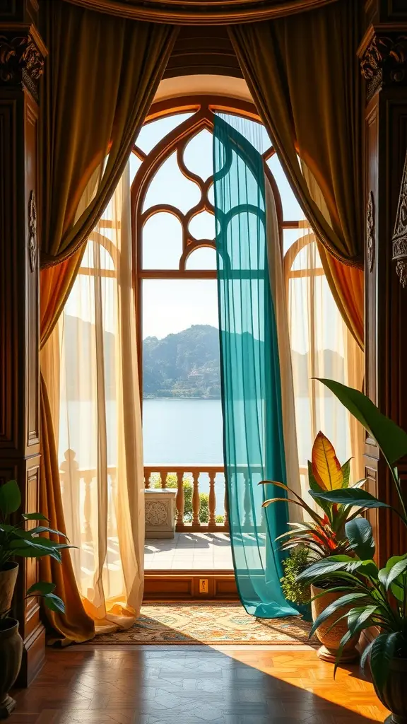 Elegant atrium curtains in warm gold and teal with a view of a scenic lake and mountains.