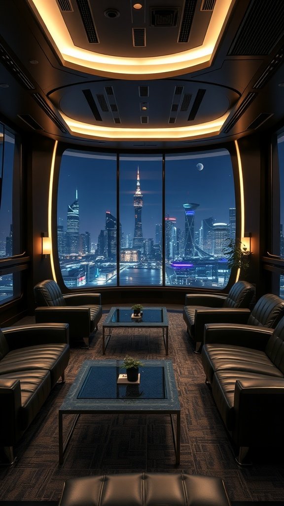 Luxurious armchair setting in a penthouse lounge with city skyline view