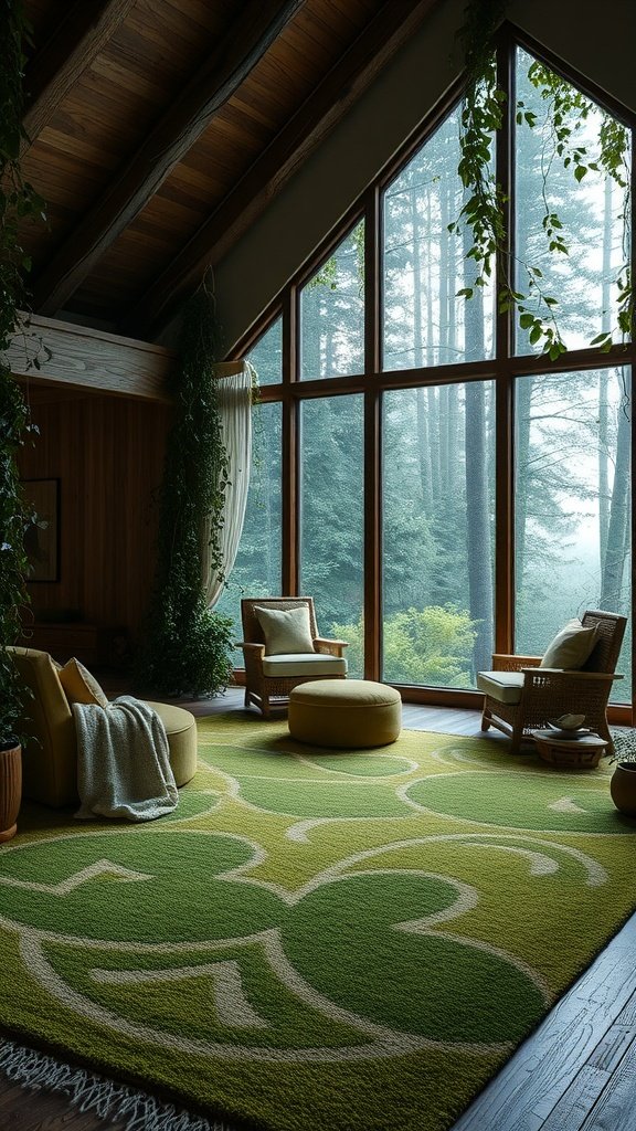 A cozy interior with a large green woven rug, surrounded by wooden furniture and large windows showing a forest view.