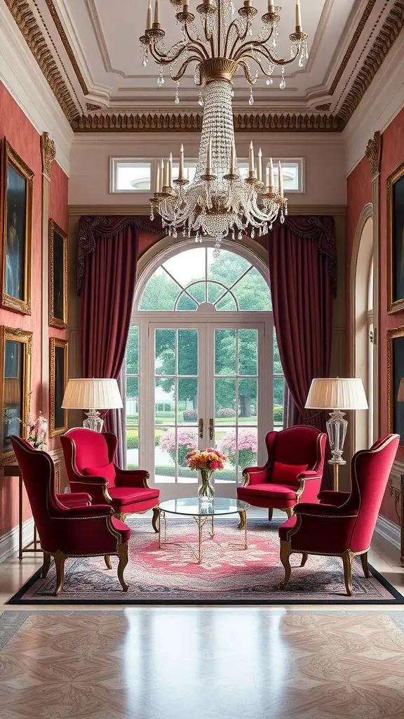 Luxurious red velvet seating set in an elegant room with a chandelier and large windows.